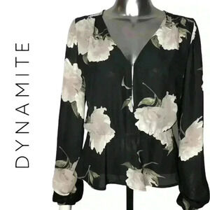Dynamite Floral Long Sleeve Blouse Black Top Size XS